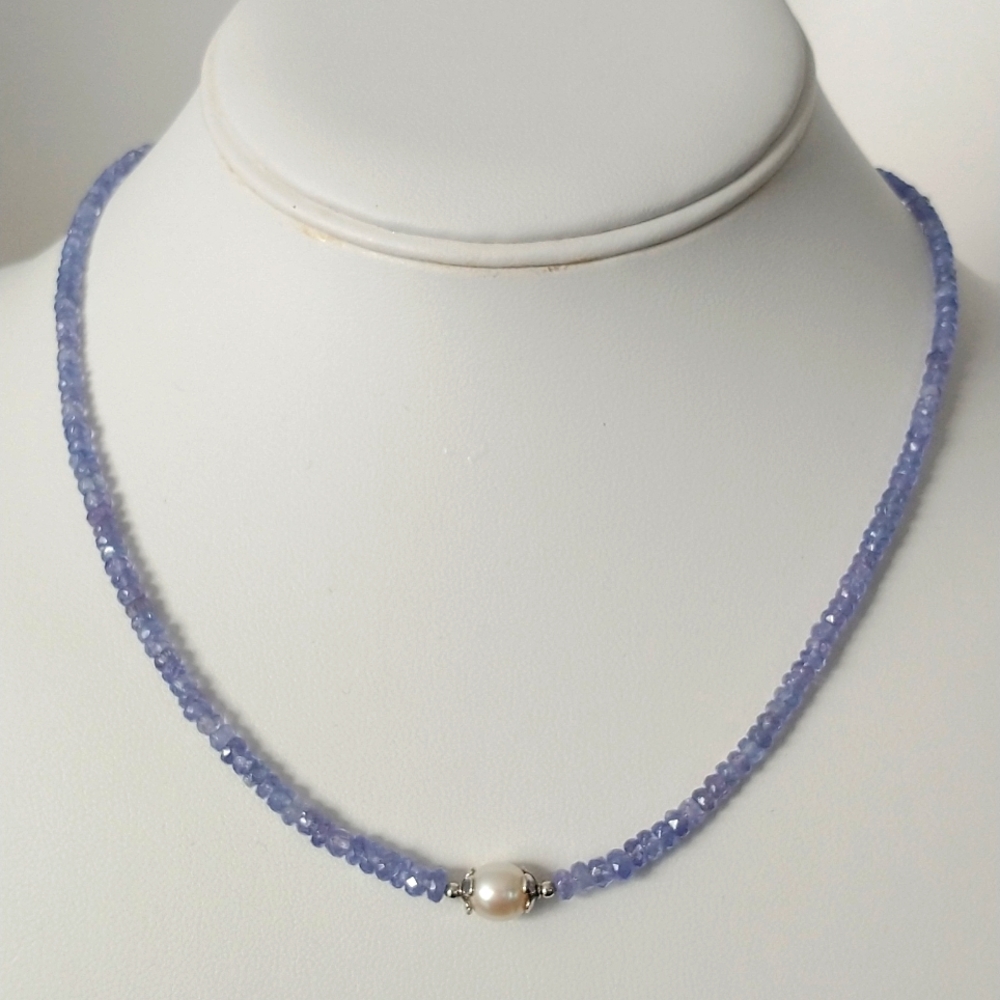 Handmade genuine tanzanite and pearl sterling silver necklace